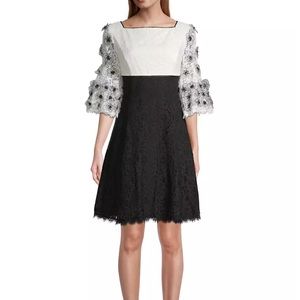Shani size 14 cream and black lace dress fit flare with organza flowered sleeves